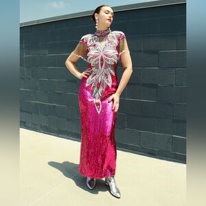Vintage Sequins Originals Sequin Beaded Fringe Gown Maxi Dress‎ purple silk 80s